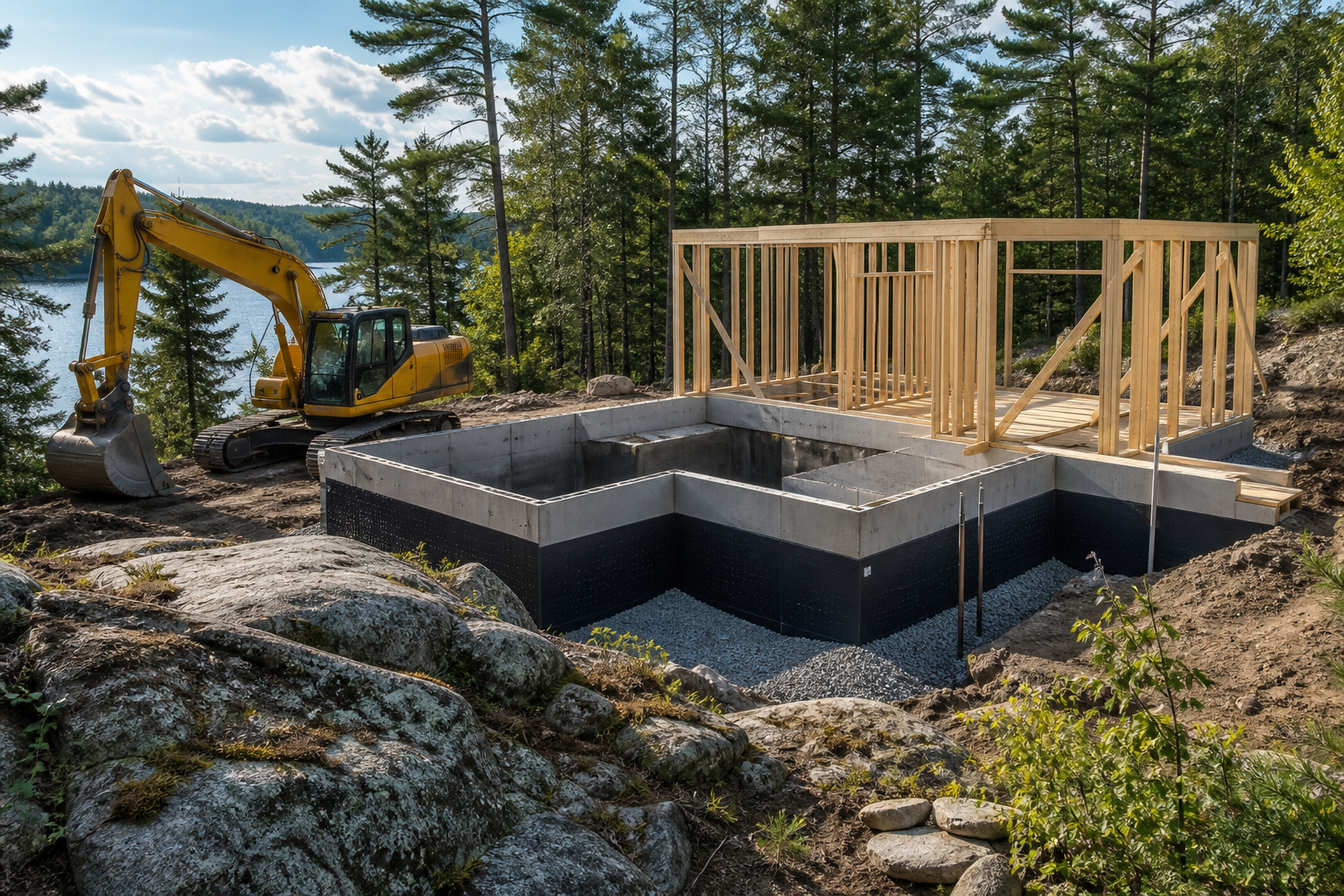 Yellow excavator beside a waterproofed foundation and timber frame on a Muskoka lakefront building site