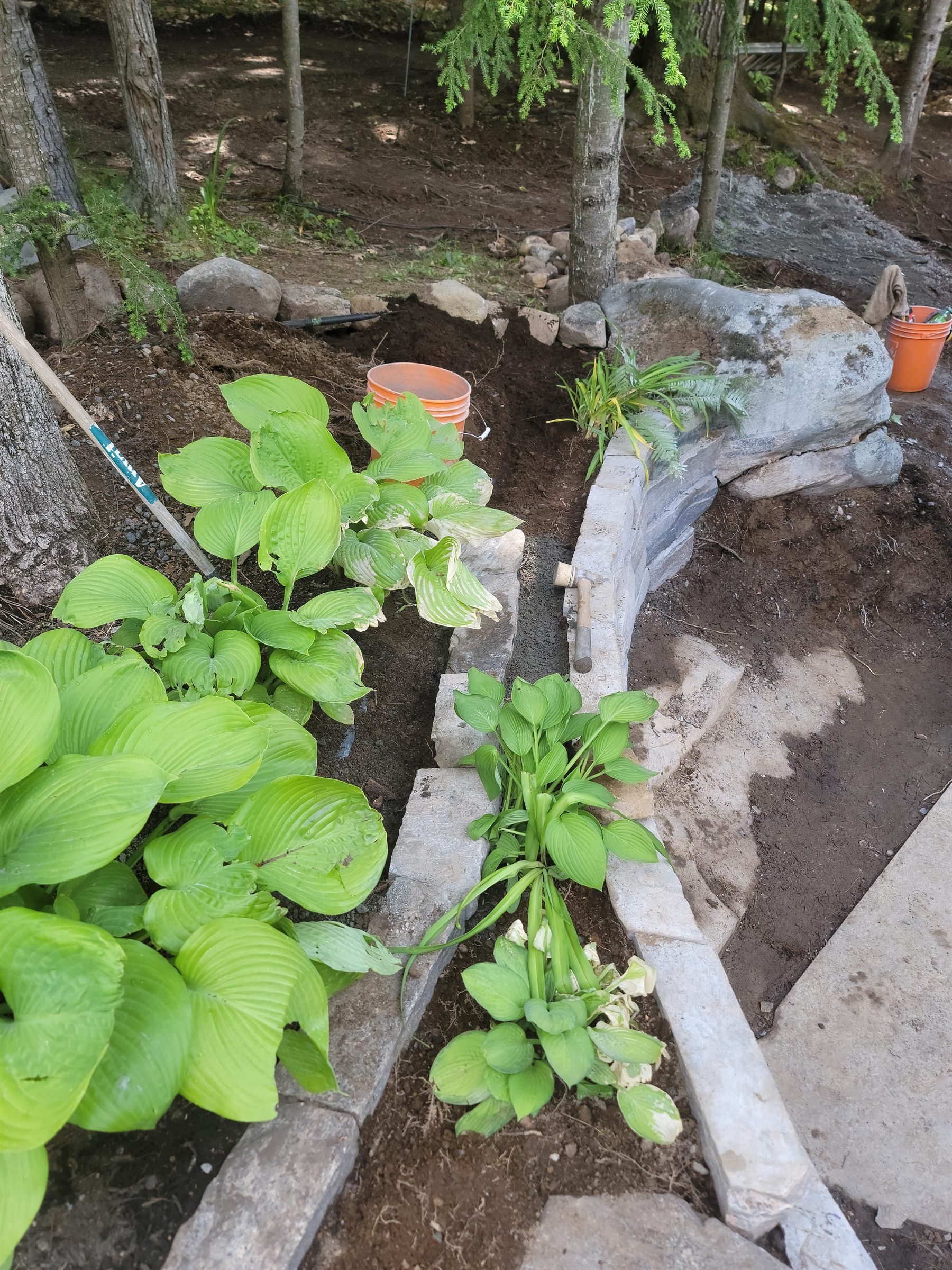 Garden planting and stone retaining-wall detail