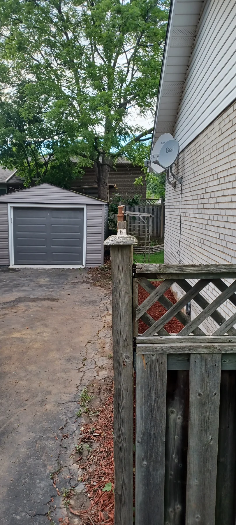 Weathered lattice-top fence section before renewal